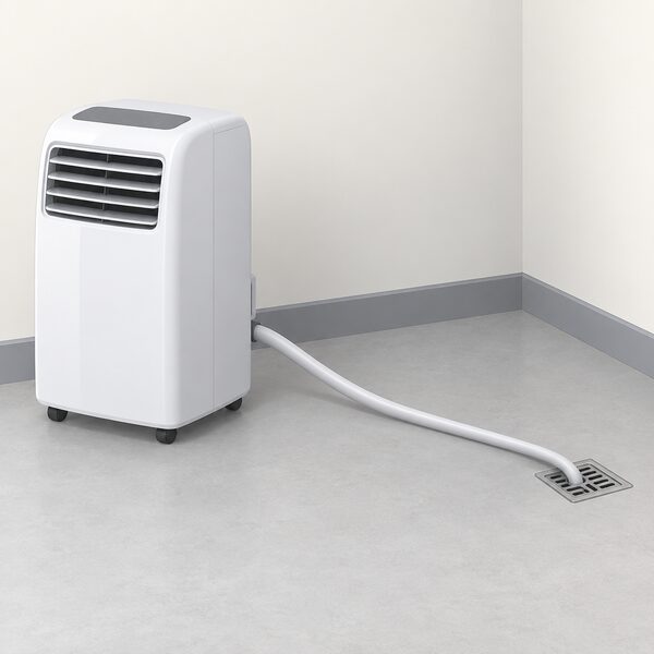 A portable air conditioner on a floor stands beside a floor-level drain, with a continuous drainage hose leaving its lower rear port and falling steadily downhill the whole way to the drain, free of kinks, loops or uphill sections.