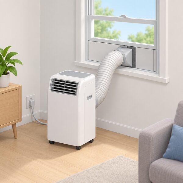 A portable air conditioner standing on the floor of a room, its extendable exhaust hose running up to a fishtail adaptor and window slide bar kit fitted into the opened gap of a sliding sash window, with foam sealing the remaining gap around the hose.