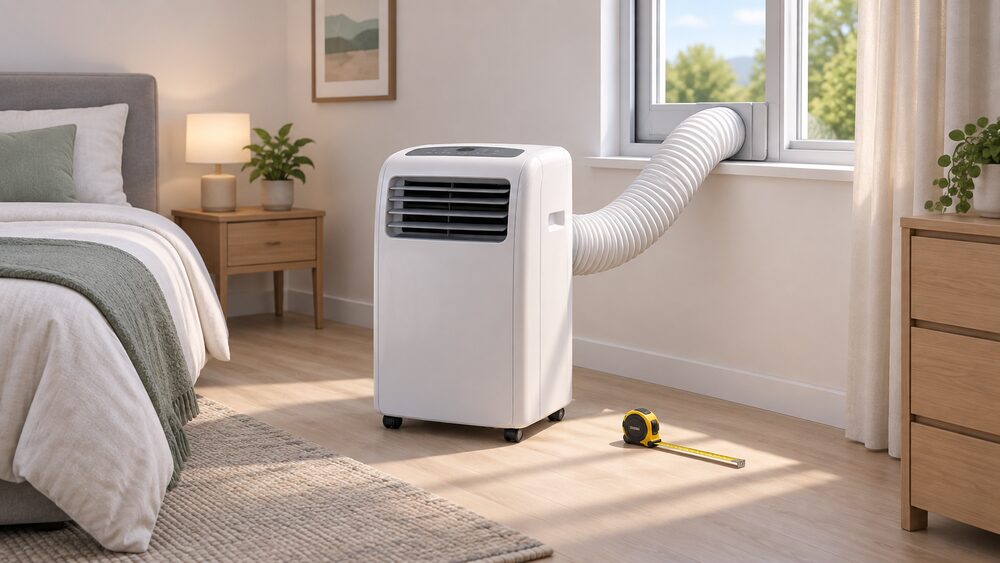 A portable air conditioner standing on the floor of a bedroom, its flexible exhaust hose running to a slightly open window so hot air vents outside, with a tape measure lying on the floor beside it.