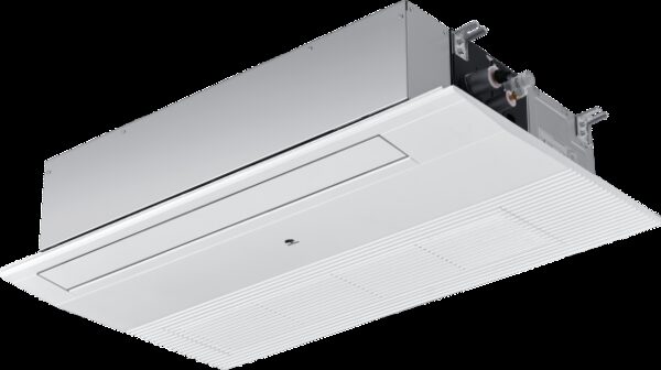 A one-way ceiling cassette air conditioning unit shown from below with its casing and connections visible