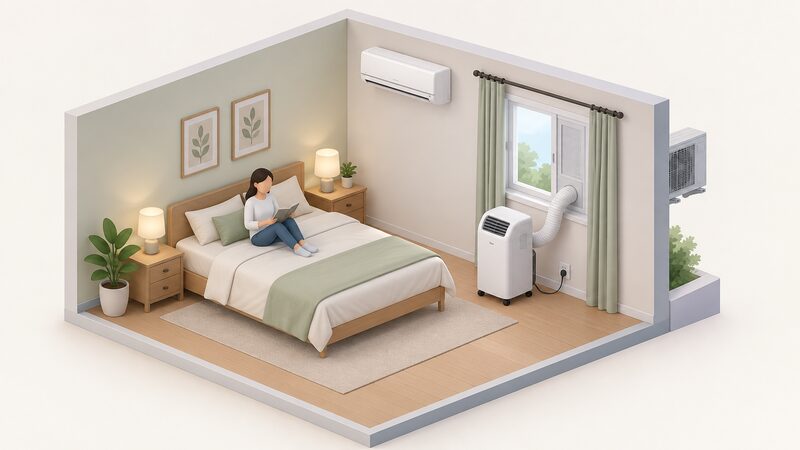 Three types of air conditioning units - a portable unit, a wall-mounted split unit and an outdoor condenser - on a plain grey background
