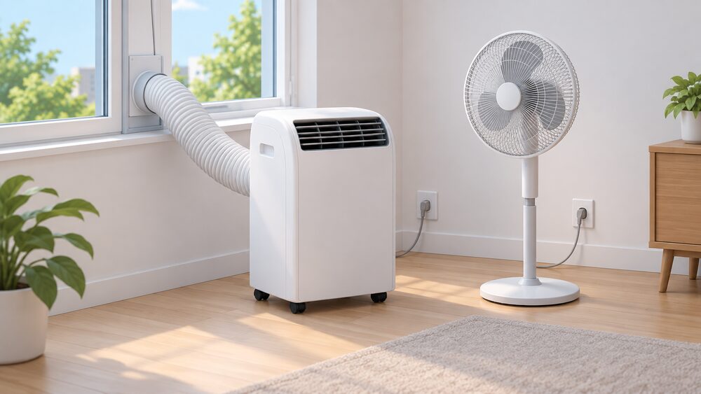 A portable air conditioner on castors with its vent hose fitted through a sealed window fitting stands beside a pedestal fan in the same room, both plugged in, with the hose running to the open air outside.