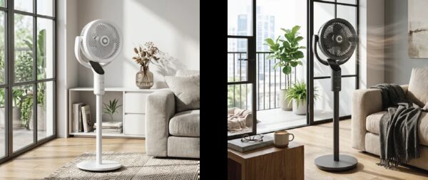 Two pedestal air circulator fans, one white and one black, standing in a bright modern living room