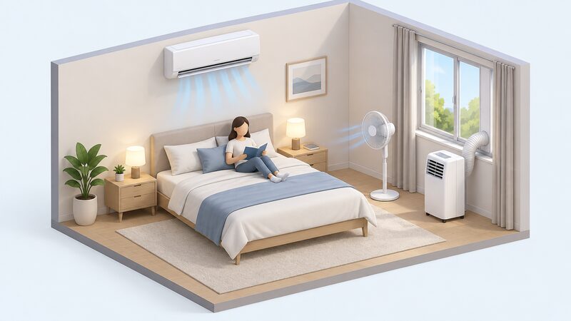 A bedroom scene showing a wall-mounted fixed air conditioning indoor unit high on the wall above a bed, with a portable air conditioner on the floor venting through a window fitting and a pedestal fan beside the bed, all three at true relative scale.