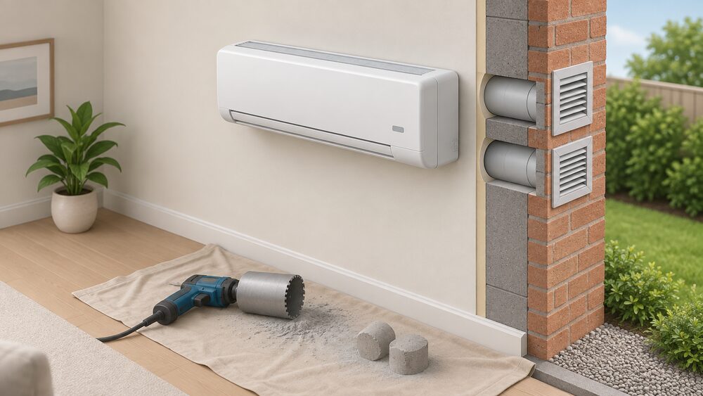 A slim wall-mounted through-wall monobloc air conditioning cabinet fixed high on an interior room wall, shown with a cutaway of the external wall behind it revealing two lined core holes passing through to two small vent grilles on the outside face, with a core drill and dust sheet below.