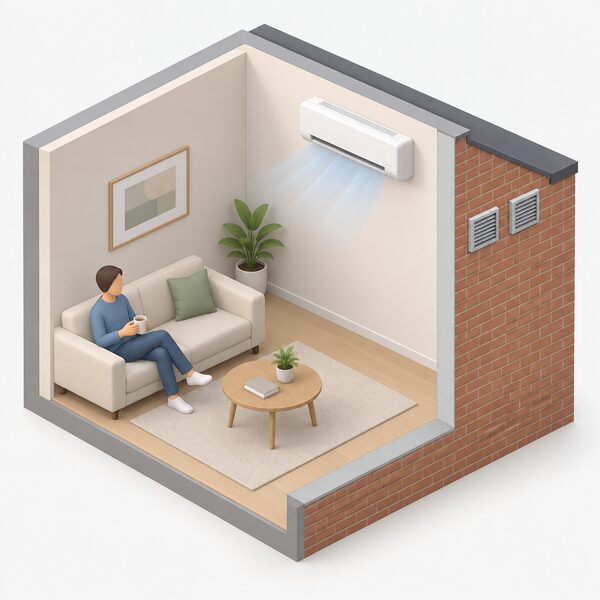 A cutaway view of a room with a slim through-wall monobloc air conditioning unit mounted high on the inside face of an external wall, seen from inside, with the same wall shown from outside bearing only two small vent grilles and no external condenser unit.