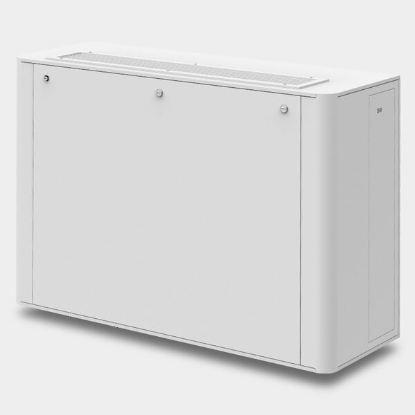 A white wall-mounted indoor unit, likely a heat pump indoor module or fan coil, shown on a plain background
