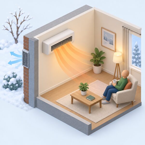 A cutaway view of a through-wall monobloc air-to-air unit mounted high on an interior room wall in winter, with a simplified isometric figure nearby, warm air shown as soft colour bands flowing from the indoor blower into the furnished room, and the outdoor grille visible through the wall on the cold side.