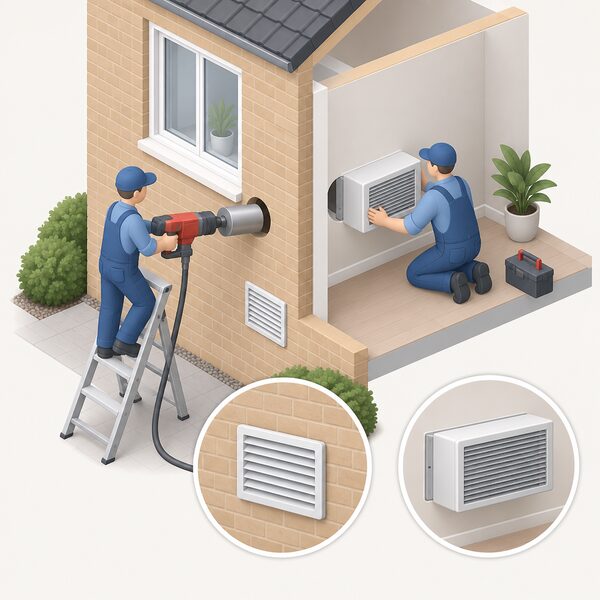 An installer on a ladder outside a house drills a large core through the external wall below a window, with a second installer inside positioning a through-wall monobloc unit against the cored opening, and plain vent grilles being fitted over the new wall openings.
