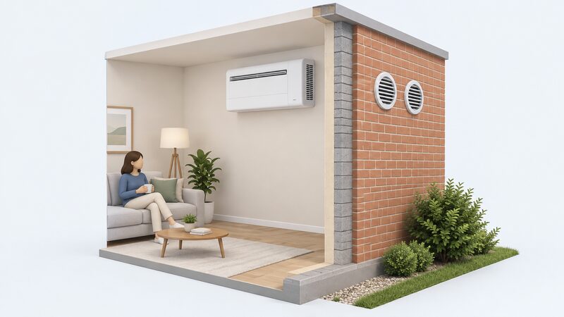 A cutaway view of one external house wall showing a through-wall monobloc air conditioner mounted high on the inside face, with two round vent grilles on the outside face of the same wall and no other equipment anywhere.