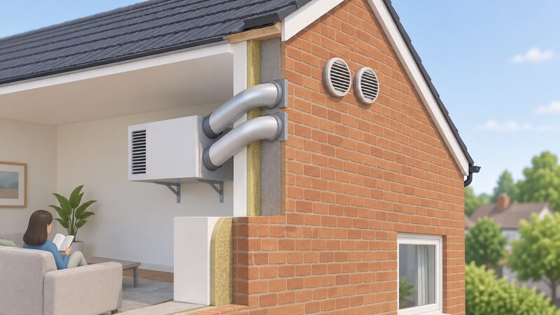 An exterior view of a plain brick house wall high up, with two round vent grilles fixed side by side over sleeved core holes, and a simplified cutaway hint of the through-wall air conditioner unit inside feeding ducts to them.