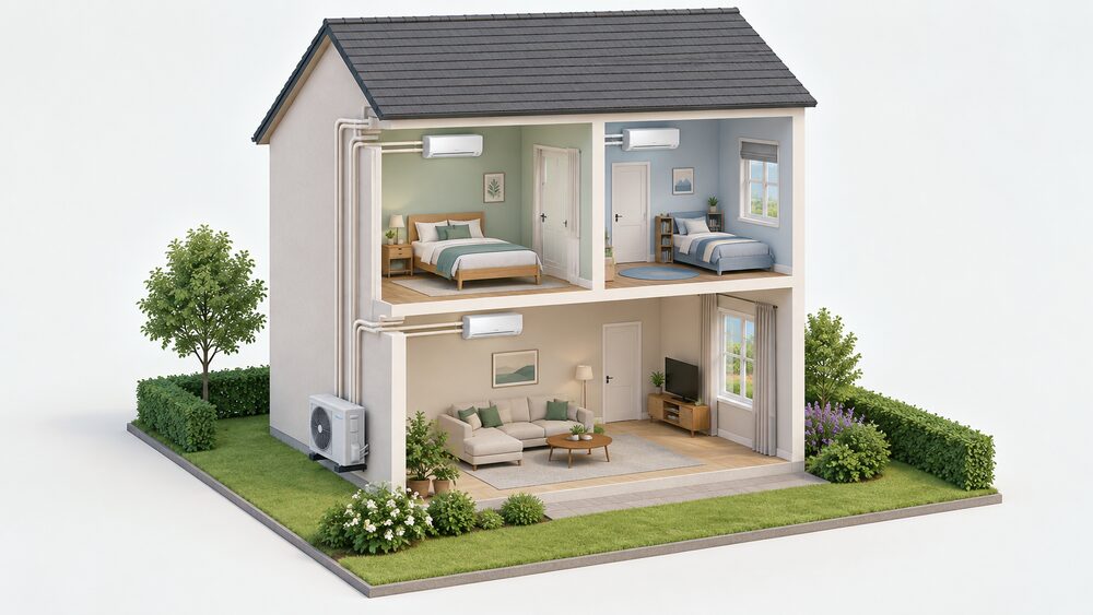 A cutaway two-storey house in daylight showing one compact outdoor air conditioning unit on the rear external wall, with refrigerant pipework running up the wall to three separate wall-mounted indoor units in three different rooms, each in a room with its window and door closed.