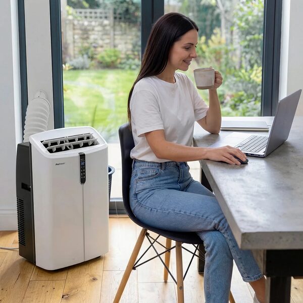 A woman drinking coffee at a desk next to a white Pro Breeze portable air conditioner with an exhaust hose by a window