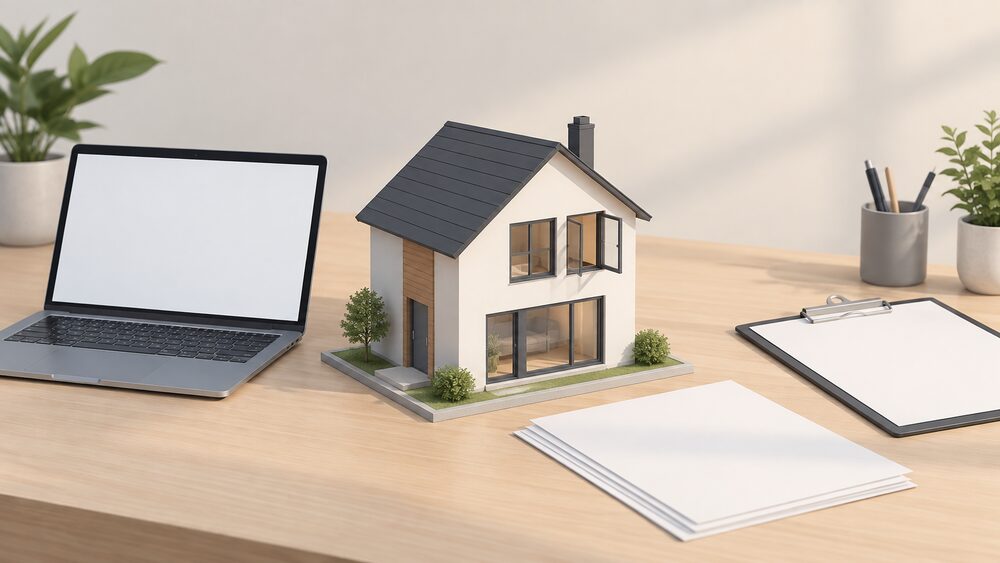 A small plain model house with large windows and an openable window sash sits on a desk beside a laptop with a blank screen, a few blank report pages and a clipboard, representing a design-stage overheating assessment of a home.