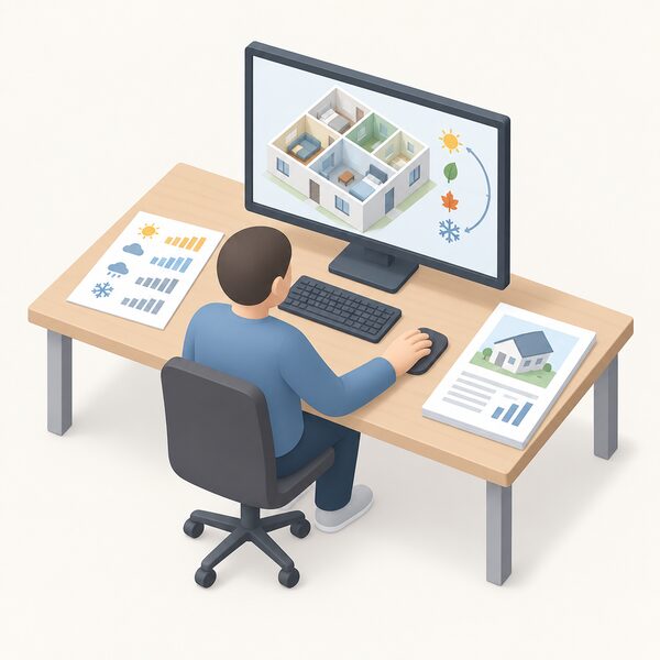 A consultant at a desk with a computer screen showing a simplified 3D model of a dwelling split into rooms, with a printed weather data sheet and a report beside the keyboard, one hand on the mouse as the year-long thermal simulation runs.