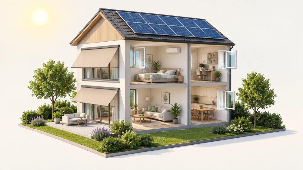 A cutaway two-storey house on a sunny summer day with solar panels on the roof, external shading over sun-facing windows, windows open for ventilation, and a fixed air conditioning unit indoors, showing the layers of cooling independence.
