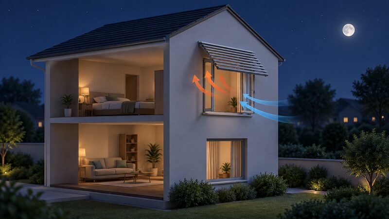 A cutaway house at night showing an external shading device over a south-facing window with the window open, cool outside air flowing in and warm stored heat flowing out.