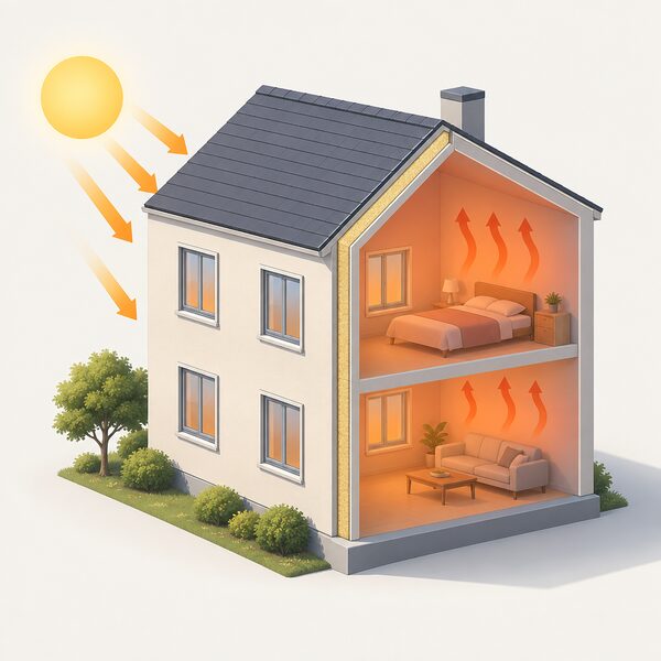 A sun-facing wall of a well-insulated home in hot weather, with all windows closed, bright sun striking the facade while the sealed windows and insulated fabric trap the heat inside.
