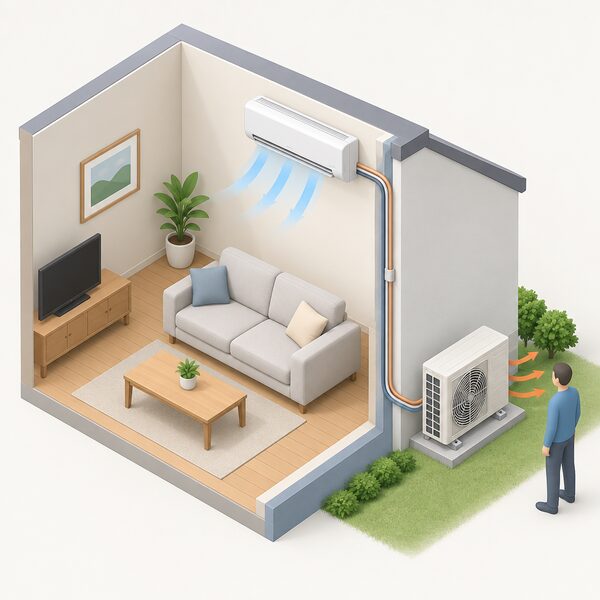 A cutaway view of a room showing a fixed split air conditioning system: a slim indoor unit mounted high on the interior wall, connected through the wall by a refrigerant pipe and cable to an outdoor unit on the ground outside rejecting heat with airflow lines, with a small isometric figure beside the outdoor unit.