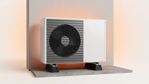 A white air source heat pump unit with a large black fan mounted on feet against a plain wall