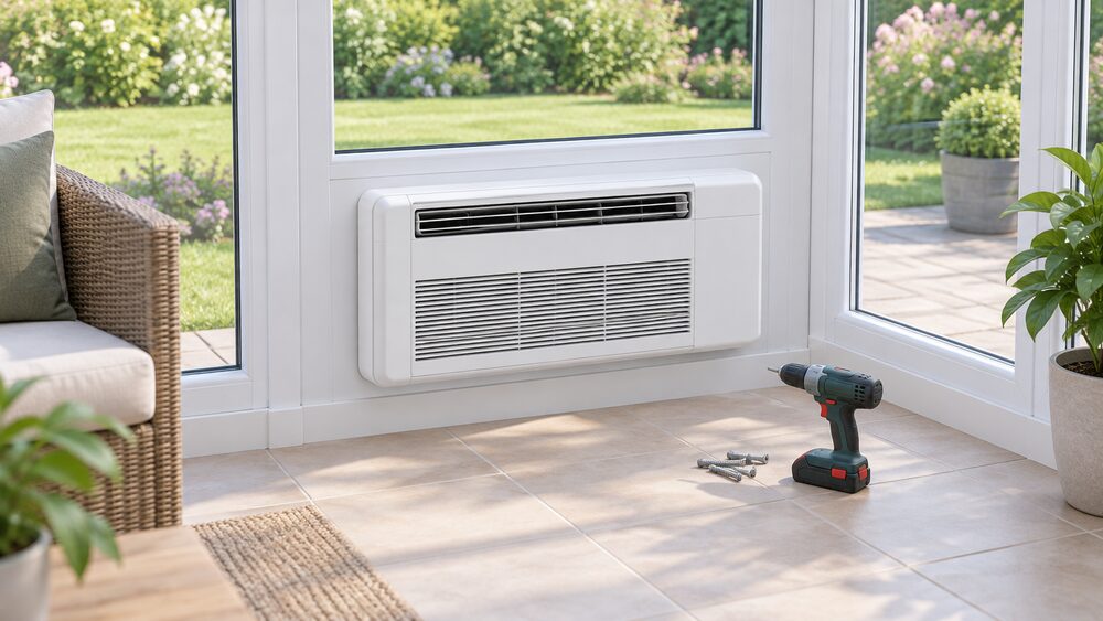 A through-wall monobloc air conditioning unit fixed in the lower part of a fully glazed conservatory wall, seen from inside, with a drill and fixing screws on the floor beside it and no external condenser anywhere in view.