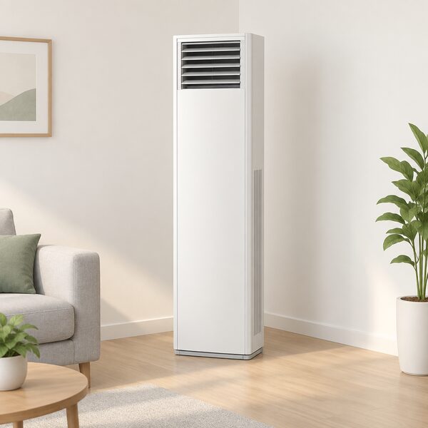 A slim, freestanding indoor cooling and heating unit shown standing alone in a simple room corner, drawn as a tall narrow appliance with a plain front grille and air outlet, with no external condenser or pipework running outside.
