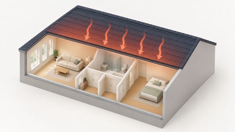 A cutaway isometric view of a top-floor flat directly beneath a dark roof, with windows along one side wall only and the opposite wall blank, showing heat from the roof above and still air with no through route across the rooms.