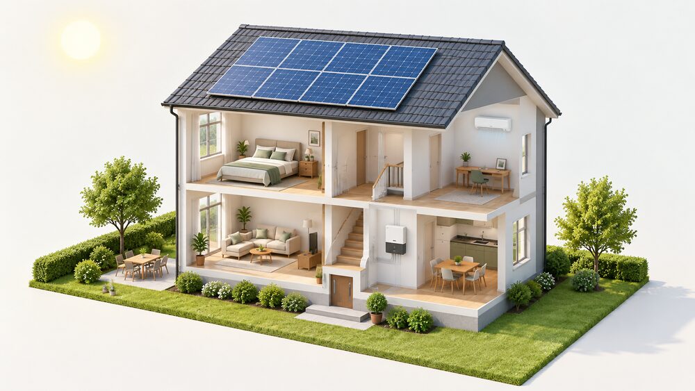 A cutaway house on a bright sunny day with solar panels on the roof, an inverter mounted on an indoor wall, and a high-wall air conditioning unit inside a room, all sharing the same house supply.