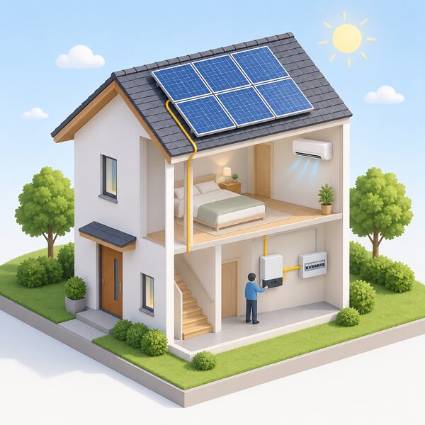 A cutaway view of a house on a bright day showing solar panels on the pitched roof, a cable running down inside the wall to an inverter mounted on an indoor wall, and onward to a consumer unit, with a small isometric figure beside the inverter.