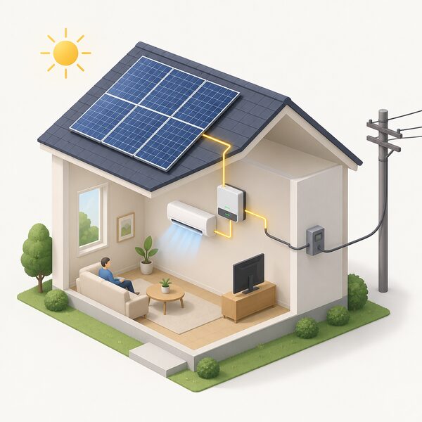 A cutaway view of a house with rooftop solar panels, an inverter on the wall connecting the panels to the household circuits, and an indoor air conditioning unit running, with the grid connection cable shown unlit to indicate no electricity being imported.