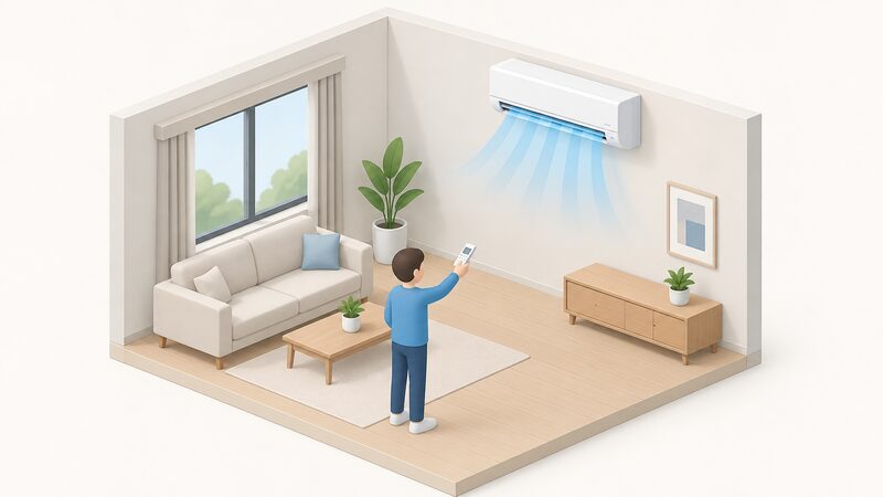 A wall-mounted reverse-cycle air conditioning indoor unit in a room, running in cooling mode, with a hand holding its remote controller pointed at it, drawn as a simple isometric interior scene.