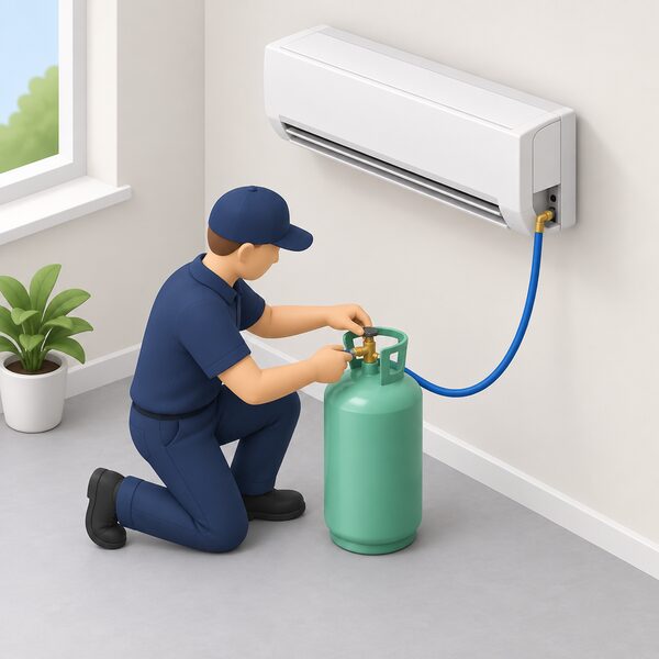 A plain unlabelled refrigerant gas cylinder standing on the floor of a home utility space beside an installed wall-mounted air conditioning unit, with a small simplified figure of a service engineer kneeling beside it preparing to connect a charging hose to refill the system.
