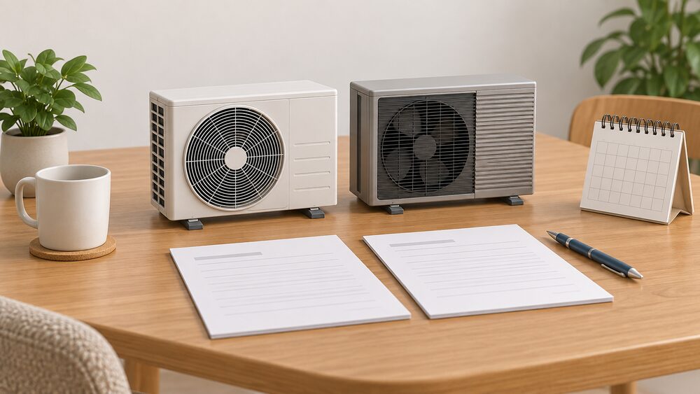 Two small model air source heat pump outdoor units, one plain and one slightly different in design, stand side by side on a table beside blank quote paperwork, a pen and a small calendar, as a household compares two brands before asking for quotes.