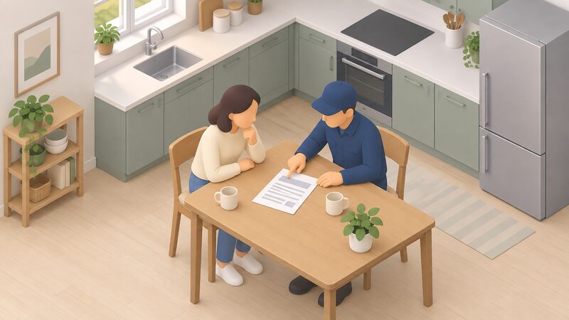 A homeowner and an installer sit at a kitchen table reviewing a printed heat pump quote together, the installer pointing to a line on the paper while the homeowner looks on, with a simple domestic kitchen setting around them.