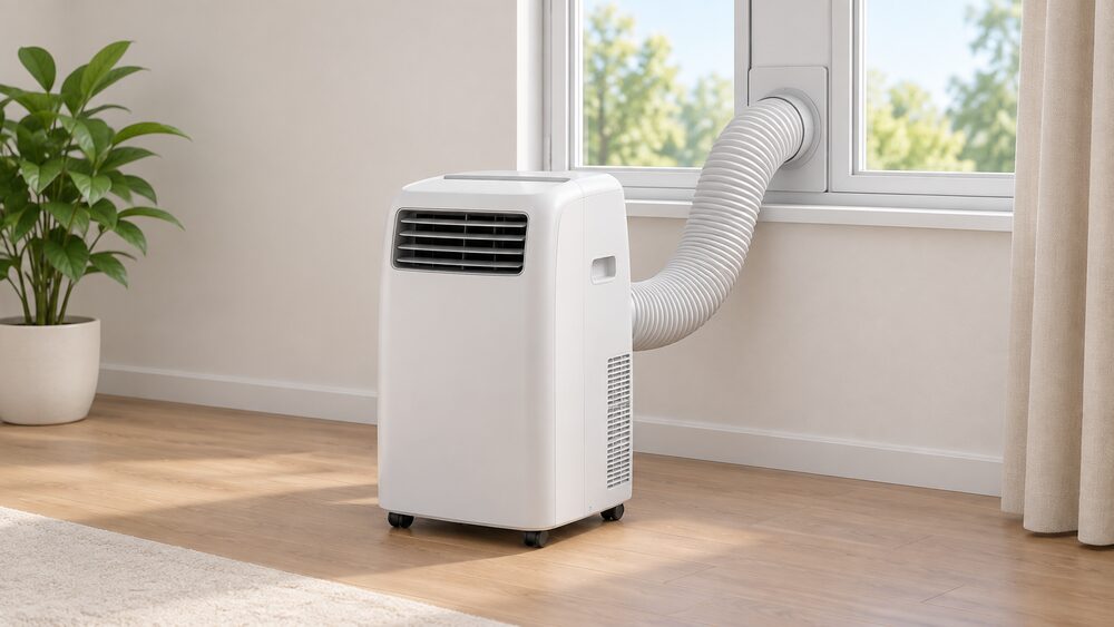 A single-cabinet portable air conditioner on castors stands in a room, its flexible exhaust hose running up to a window where a sealing window kit plate holds the hose in place against the frame.