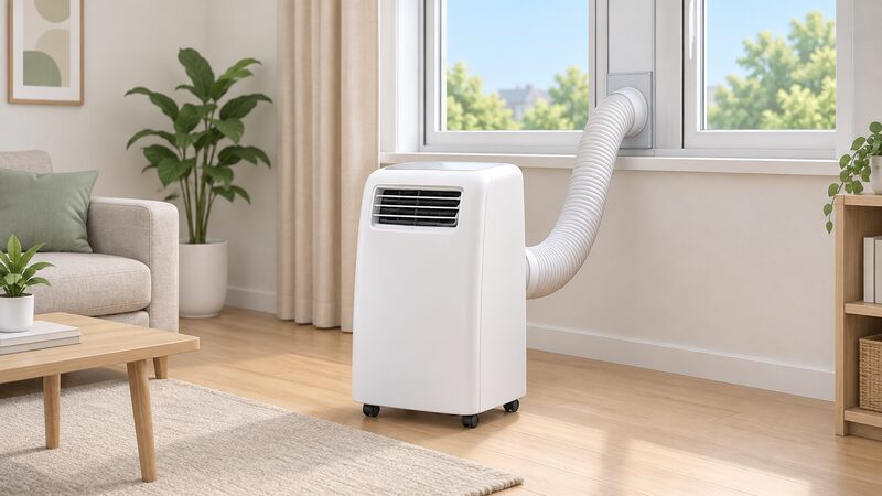 A single white portable air conditioner cabinet on small castors stands on a room floor, with one flexible exhaust hose running from its rear up to a window sealing kit plate fitted in the open window frame.
