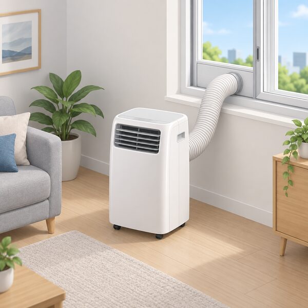 A single-cabinet monobloc portable air conditioner standing on the floor of a room, with one flexible exhaust hose running from the back of the unit up to a window kit in an open window, showing all components housed in one casing.