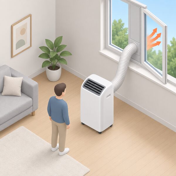 A monobloc portable air conditioner standing in a room with one exhaust hose running from its back up to a window kit in the open window, warm air shown flowing out through the hose, with a small isometric figure nearby.