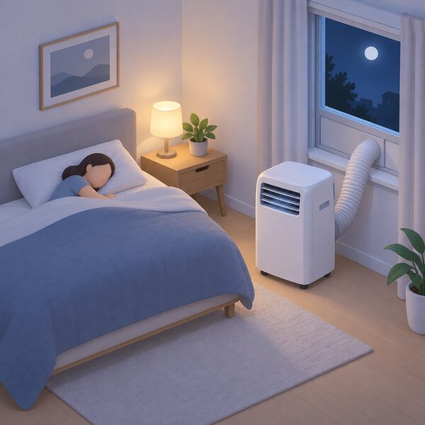 A portable air conditioner on the floor beside a bed in a simply drawn bedroom, its exhaust hose running to the window, with a sleeping figure in the bed shown at rest to convey quiet night-time running.