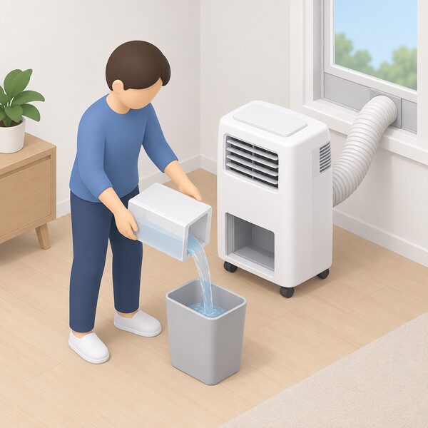 A simplified isometric figure lifts the water tank out of a portable air conditioner standing on castors in a room, holding it clear to empty it, with the window vent hose still attached to the unit.