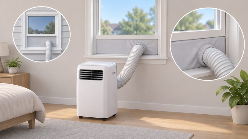 A portable air conditioner on a room floor connected by a single exhaust hose to a fabric-and-panel window kit fitted in the gap of a partially raised sash window, sealing around the hose so the sash sits closed down onto the kit.