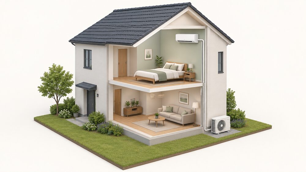A cutaway house wall showing a wall-mounted air conditioning indoor unit high on an interior room wall, pre-charged pipework passing through the wall, and one outdoor unit standing on the ground outside, connected by that pipework.
