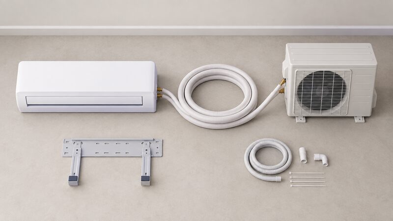 A flat-lay view of an Easy-Fit single split kit laid out on a floor before installation, showing one indoor unit, one outdoor unit and the coiled pre-charged pipework connecting them, with wall bracket and drain kit alongside.