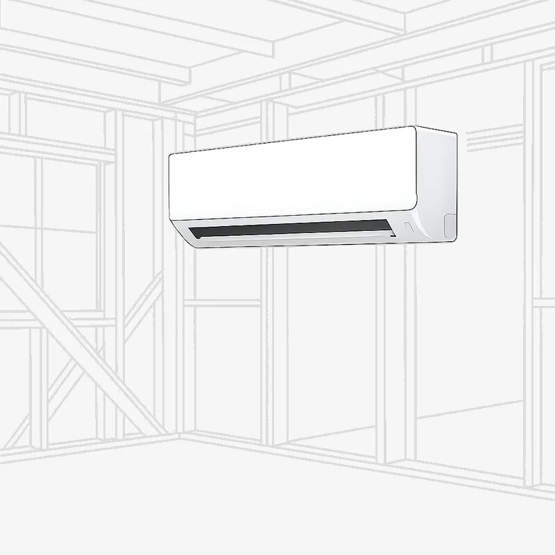 A white wall-mounted air conditioning / heat pump indoor unit shown against a line-drawn sketch of a room under renovation