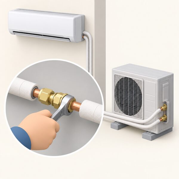 A close-up of pre-charged split-system pipework with the refrigerant charge sealed inside, showing a hand tightening a mechanical flare coupling at one end, with no brazing torch, vacuum pump or gauges anywhere in the scene.
