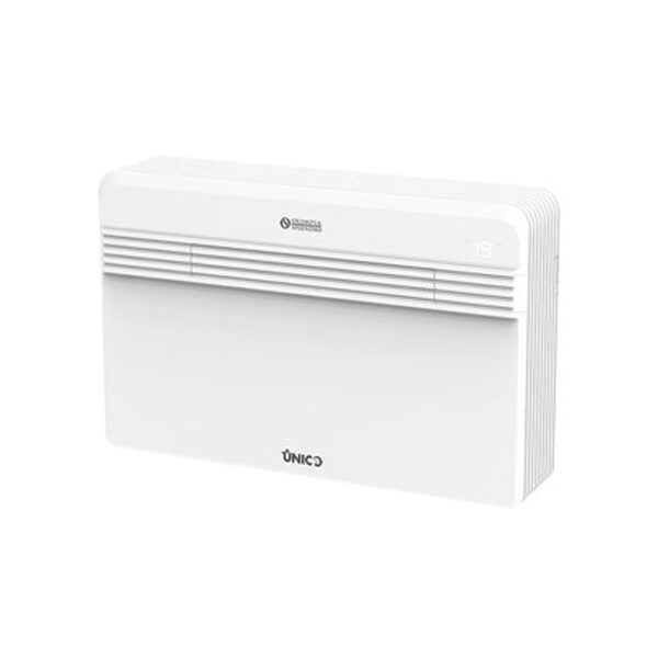 A white Olimpia Splendid Unico wall-mounted monobloc heat pump air conditioning unit on a plain background