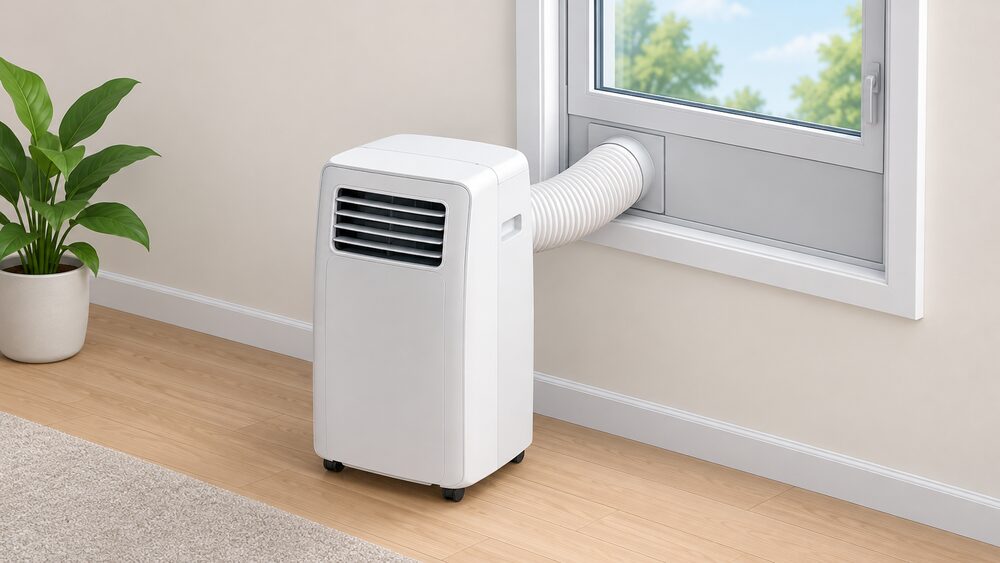 A portable air conditioner on a room floor, its short, straight exhaust hose running to a window sealing kit panel fitted in the window opening, with the window closed onto the panel so the hose discharges outdoors.