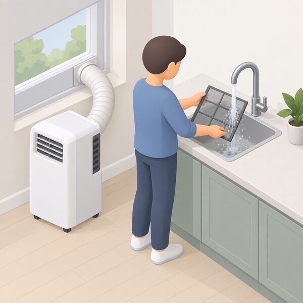 A simplified isometric figure lifts the mesh filter from the rear of a portable air conditioner standing on a floor near a window, holding it under a running tap at a nearby sink to rinse away dust and fluff.