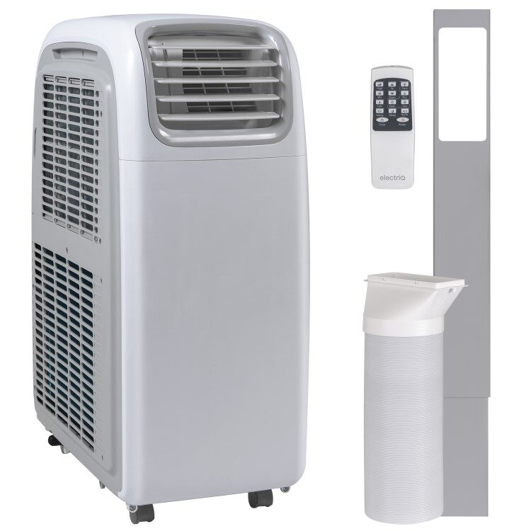 A white electriQ AirFlex portable air conditioner shown with its remote control, exhaust hose and window sealing kit