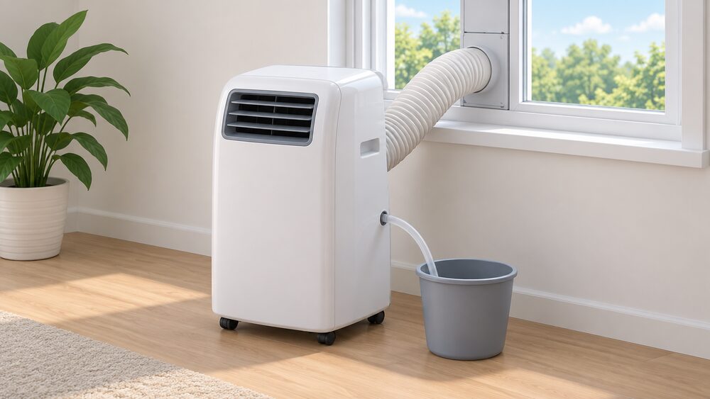 A wheeled portable air conditioner on a floor beside a window, its exhaust hose fitted into a window kit venting outdoors, with a separate drain hose pushed onto its lower condensate outlet and running continuously downward to a bucket on the floor.